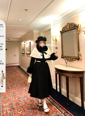 安妮不火 千金风呢子连衣裙&钉珠斗篷套组女微胖大码气质两件套装