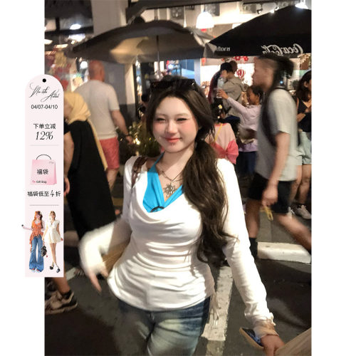 安妮不火 甜辣风撞色假两件上衣女2025春夏新款微胖大码纯欲长袖