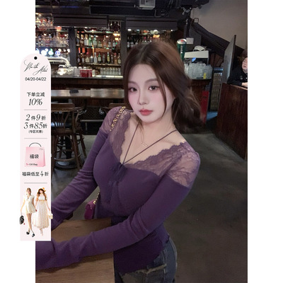 安妮不火 蕾丝拼接领高弹双面磨毛针织T恤女微胖大码半透视小上衣