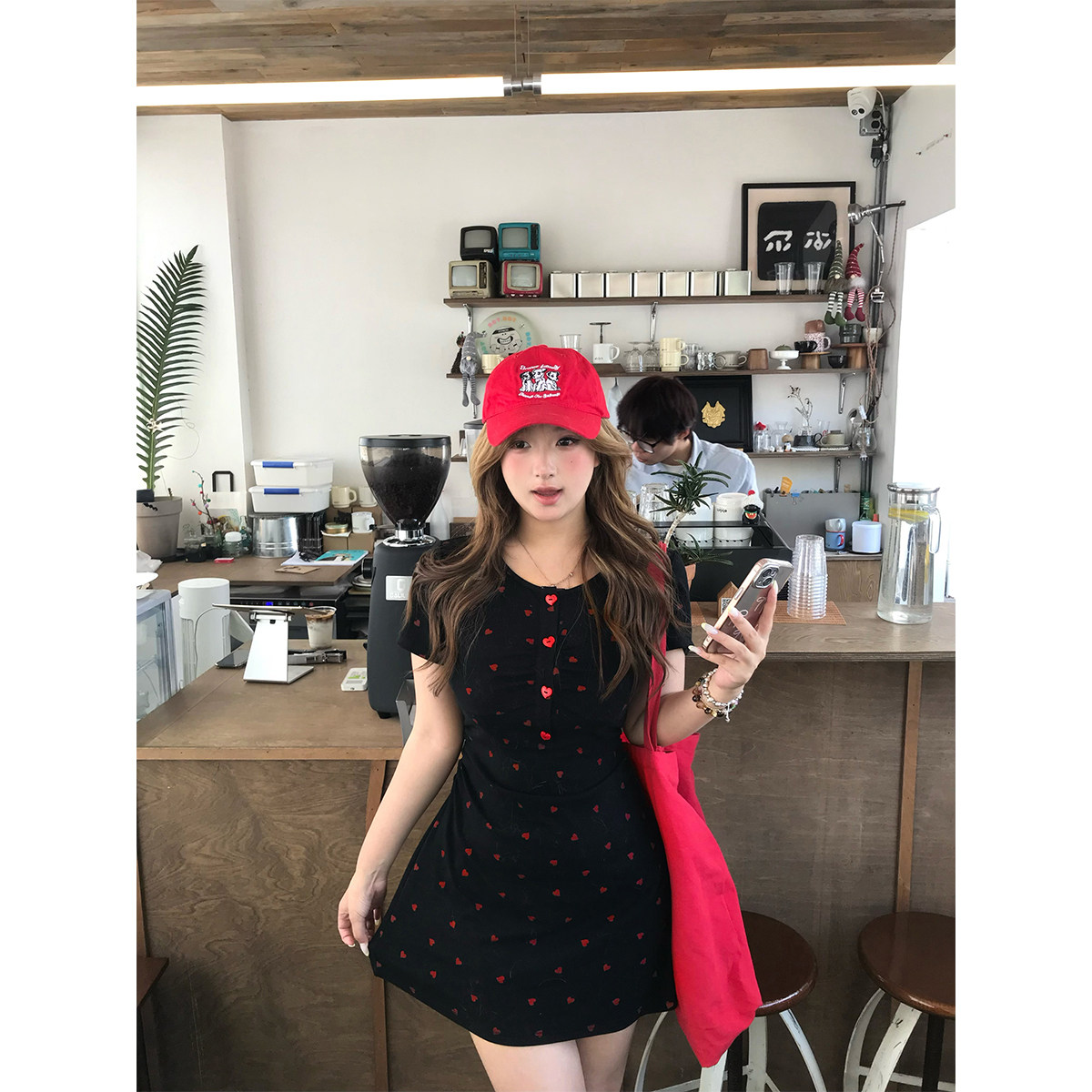 安妮不火恋语织物俏皮感桃心印花连衣裙女微胖大码收腰可爱小裙子图片