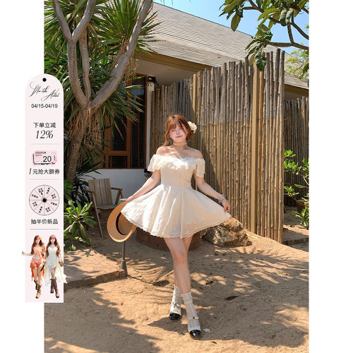 安妮不火100棉!重磅满幅绣花蕾丝连衣裙女微胖大码收腰初恋小白裙