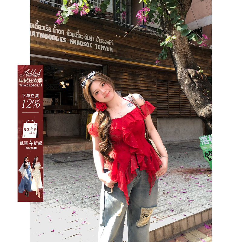 安妮不火一字领荷叶边雪纺上衣女2025夏季新款微胖大码波点雪纺衫,女装/女士精品,蕾丝衫/雪纺衫,淘宝优惠券,粉丝福利购,淘宝优惠卷