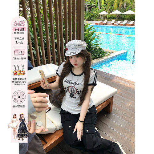 安妮不火 诺丁汉8号赛车元素印花圆领T恤女微胖大码美式短袖上衣