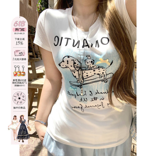 安妮不火 氣水海盐番甜酷斑点狗印花T恤女夏微胖大码收腰短袖上衣