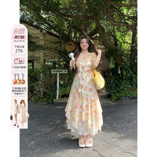 安妮不火度假风蕾丝拼接碎花裙女2025春夏新款微胖大码荷叶边长裙