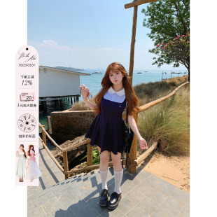 安妮不火 千金风小裙子 学院风假两件娃娃领百褶连衣裙女微胖大码