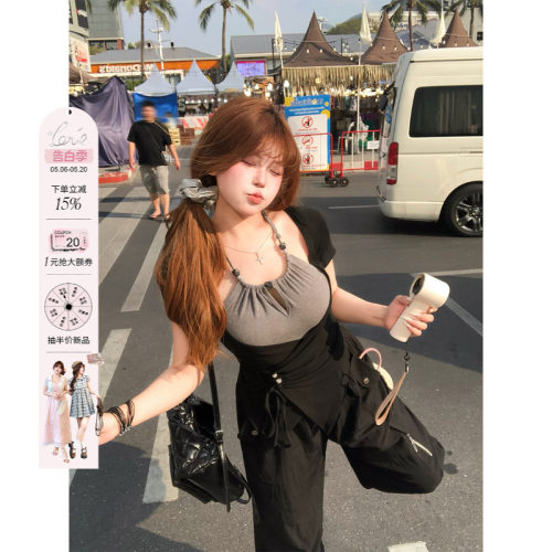 安妮不火 串珠绑带撞色假两件高弹针织T恤女微胖大码拼接收腰上衣