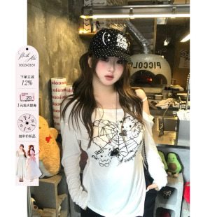 宽松显瘦上衣 女微胖大码 安妮不火 喵叽契约甜酷kitty印花露肩罩衫