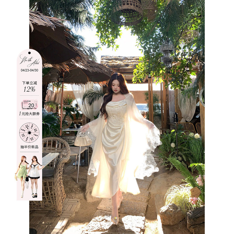 安妮不火 神女感蕾丝刺绣缎面鱼骨礼服裙微胖大码气质千金连衣裙