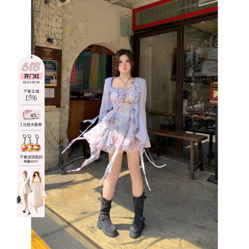 安妮不火 氛围感油画碎花雪纺裙女2026春夏新款微胖大码吊带裙子