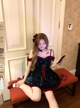 安妮不火星空雪尼尔银丝蝴蝶绣花苞裙女微胖大码设计感收腰吊带裙