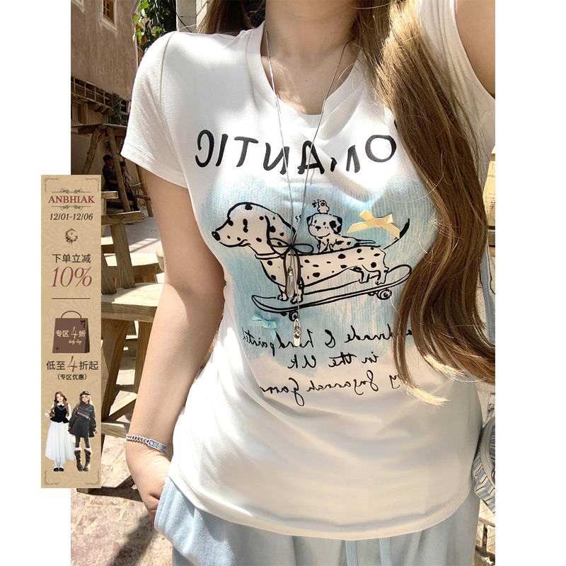 安妮不火 氣水海盐番甜酷斑点狗印花T恤女夏微胖大码收腰短袖上衣