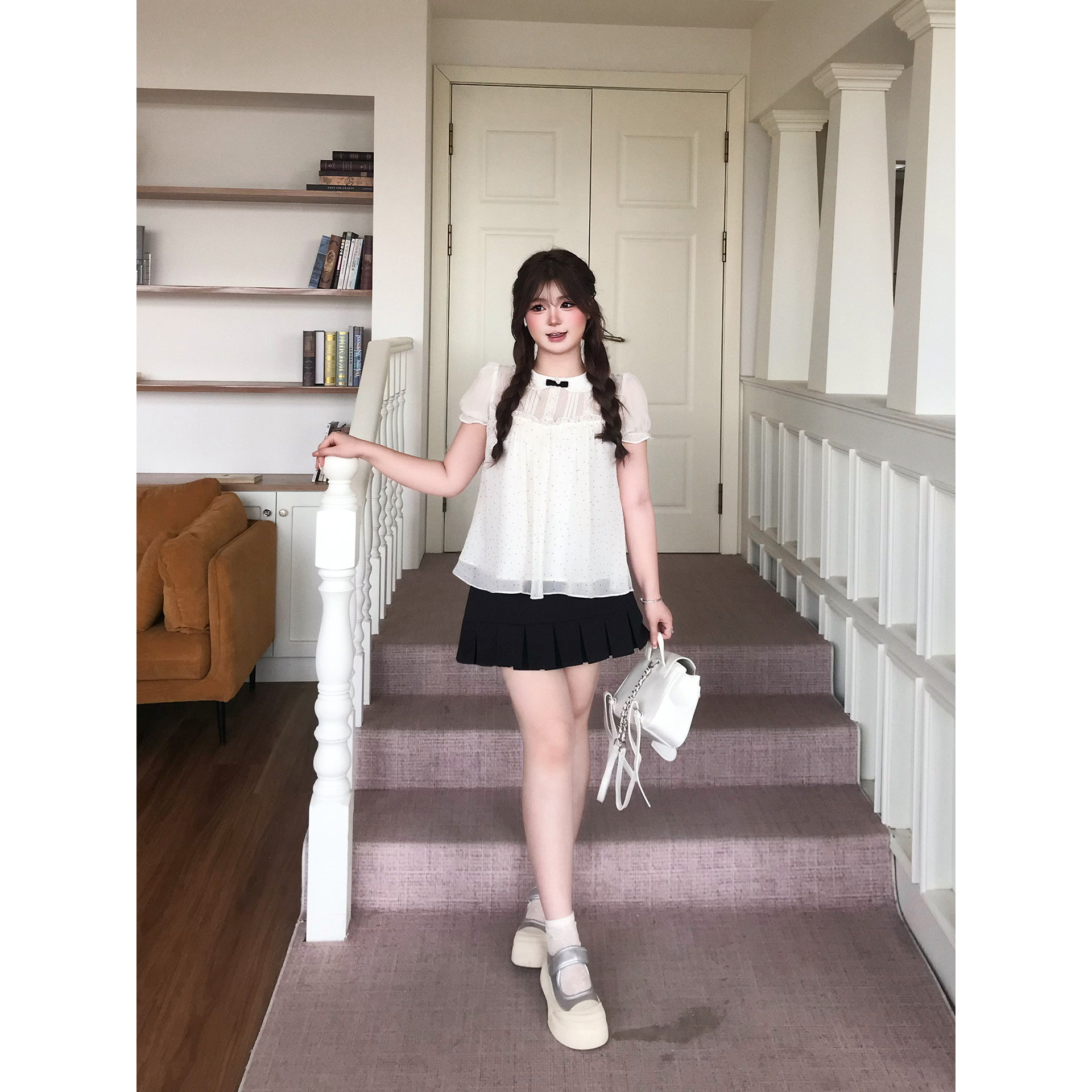 安妮不火 娃娃领波点雪纺衫+百褶裙套装女微胖大码韩系甜美两件套图片