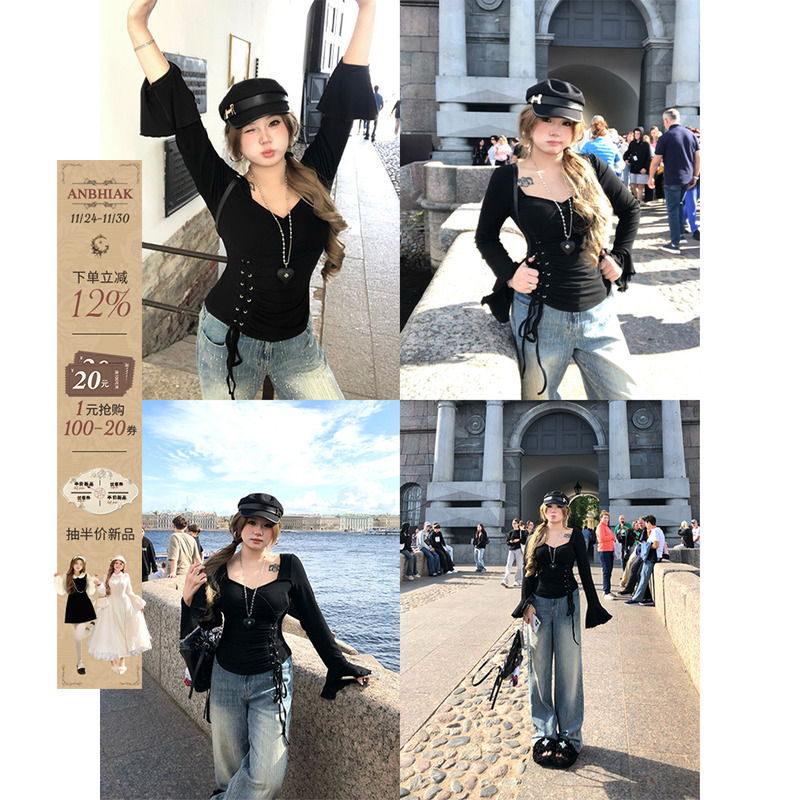 安妮不火 绝美荷叶袖绑带T恤女秋冬新款微胖大码手工缩褶纯欲上衣
