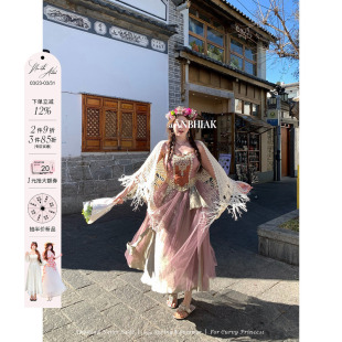 安妮不火 名族风吊带裙 vintage拼贴水溶蕾丝网纱拼接裙微胖大码