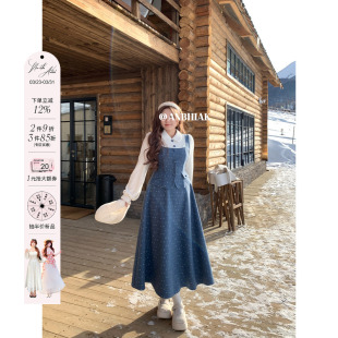 背带裙 灯笼袖 安妮不火 假两件毛绒针织拼接呢料连衣裙女微胖大码