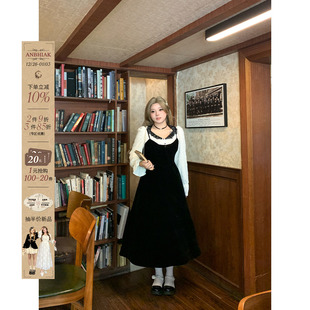 安妮不火 气质收腰裙子 千金风灯芯绒蕾丝花边领连衣裙女微胖大码