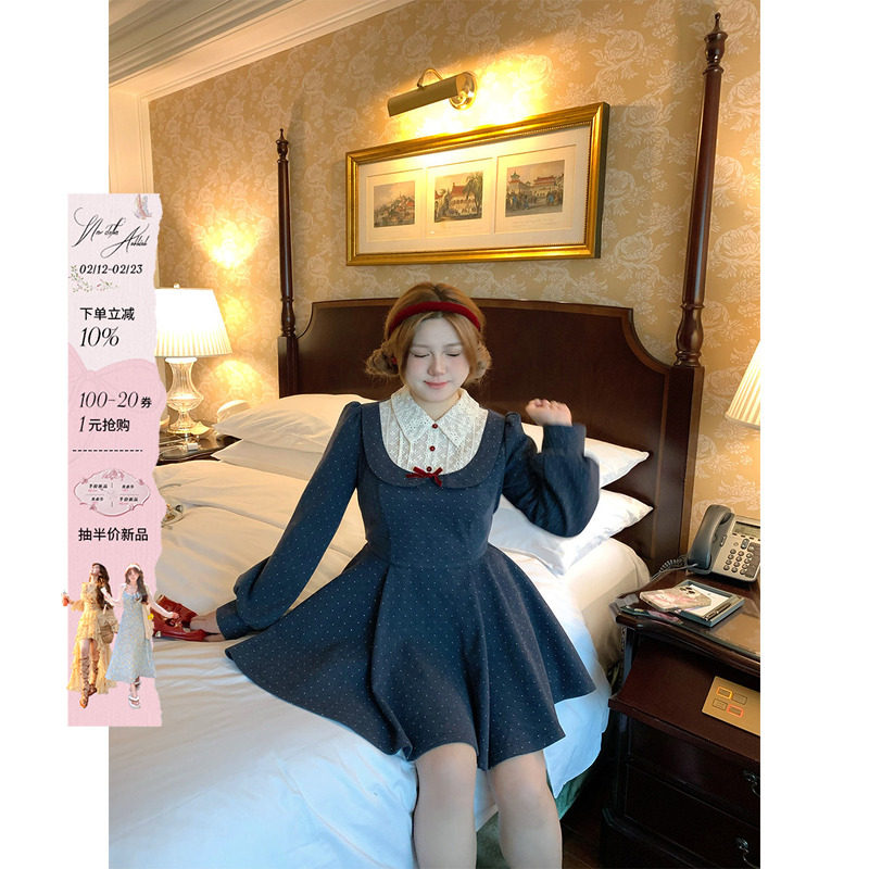 安妮不火 假两件波点印花绑带呢子连衣裙女微胖大码收腰千金风裙