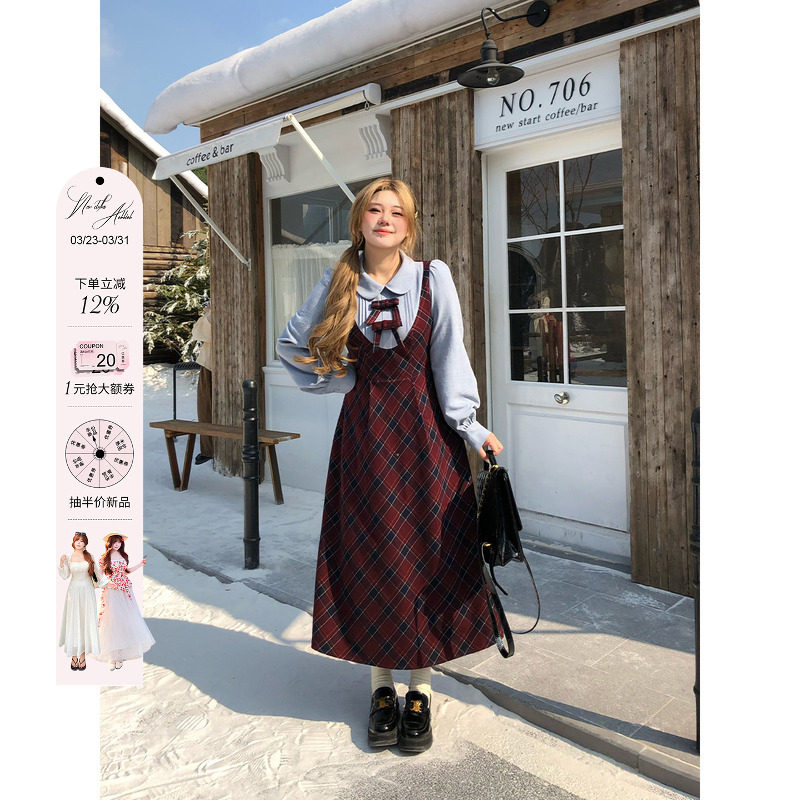 安妮不火 格纹假两件连衣裙女2025秋冬新款微胖大码长袖收腰裙子