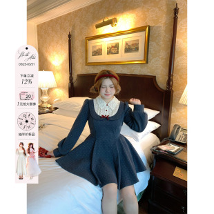 安妮不火 收腰千金风裙 假两件波点印花绑带呢子连衣裙女微胖大码