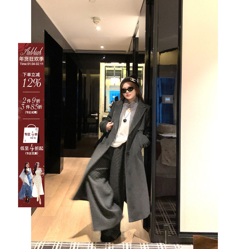 安妮不火 针织拼接撞色假两件呢子大衣女微胖大码中长款毛呢外套