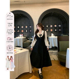安妮不火 假两件收腰长裙 学院风缎面娃娃领呢料连衣裙女微胖大码
