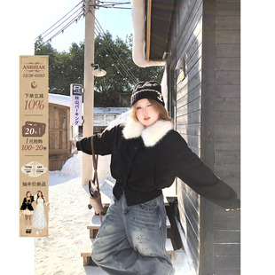 防风小外套 短款 安妮不火 复合银狐绒蓬松毛领收腰卫衣女微胖大码