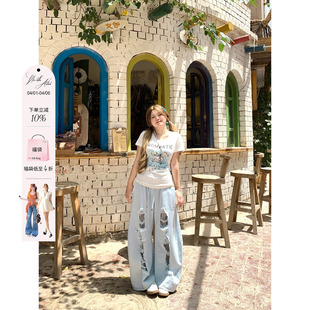 安妮不火汐沫蓝盐松紧腰破洞牛仔弯刀裤 女微胖没打浅色洗水牛仔裤