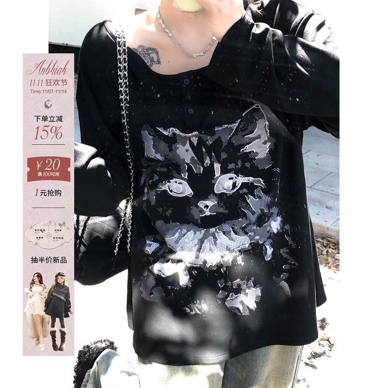 长袖慵懒风猫咪印花T恤