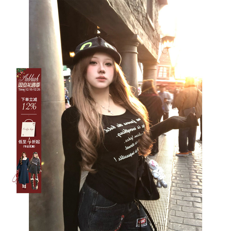 安妮不火 休闲风丝网字母印花缩褶收腰T恤女微胖大码内搭长袖上衣