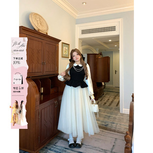 安妮不火 重磅款千金风撞色网纱连衣裙女微胖大码拼接荷叶边裙子