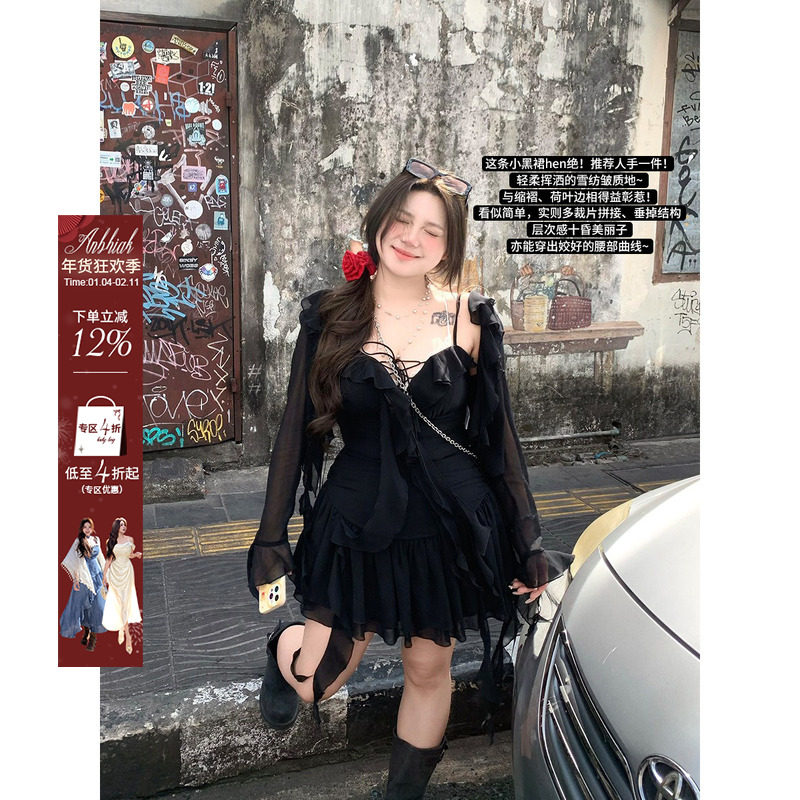安妮不火 纯欲荷叶边雪纺短裙女2025春夏新款微胖大码小黑裙套装,女装/女士精品,连衣裙,淘宝优惠券,粉丝福利购,淘宝优惠卷