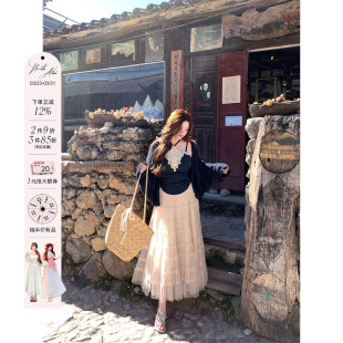 渡假风三件套装 网纱亮片半裙套组微胖大码 提花蕾丝吊带 安妮不火