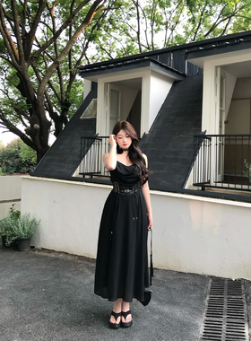 安妮不火 墨羽纤腰高级感收腰荡领吊带裙女微胖大码黑色吊带长裙