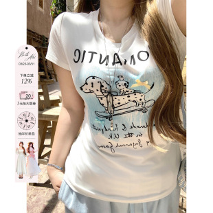 上衣 收腰短袖 安妮不火 氣水海盐番甜酷斑点狗印花T恤女夏微胖大码