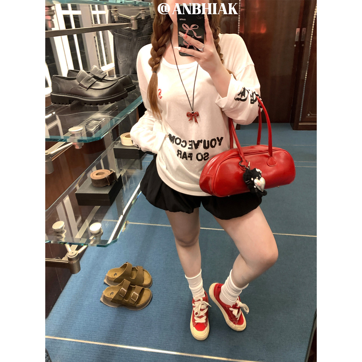 安妮不火 街头风字母印花雪花肌理T恤女微胖大码宽松休闲长袖罩衫
