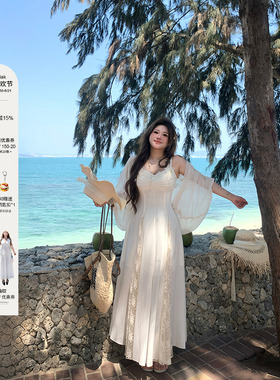 安妮不火 塞纳杏蝶笺 蝴蝶蕾丝雪纺仙女裙微胖大码收腰吊带裙套装