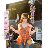 设计感小衫 安妮不火 泡泡雪纺纱不规则荷叶边碎花吊带女微胖大码