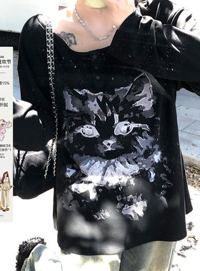 长袖慵懒风猫咪印花T恤