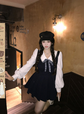 安妮不火 学院风TR面料娃娃领百褶连衣裙女微胖大码收腰公主短裙