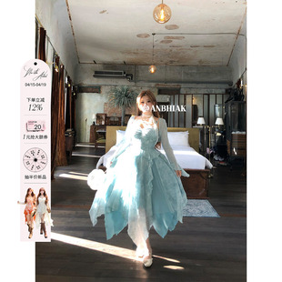 安妮不火 青杼纨扇荷叶边晕染网纱吊带裙女微胖大码仙女裙两件套