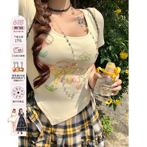 安妮不火卷毛烘焙童趣羊咩咩印花针织T恤女夏季新款微胖大码短袖