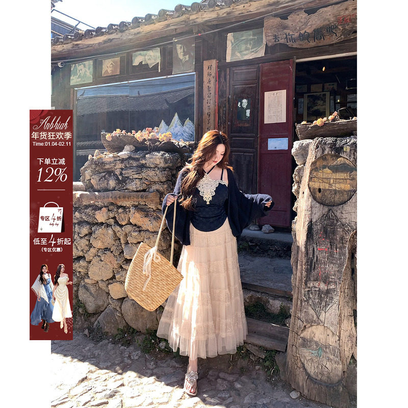 安妮不火 提花蕾丝吊带+网纱亮片半裙套组微胖大码渡假风三件套装,女装/女士精品,时尚套装,淘宝优惠券,粉丝福利购,淘宝优惠卷