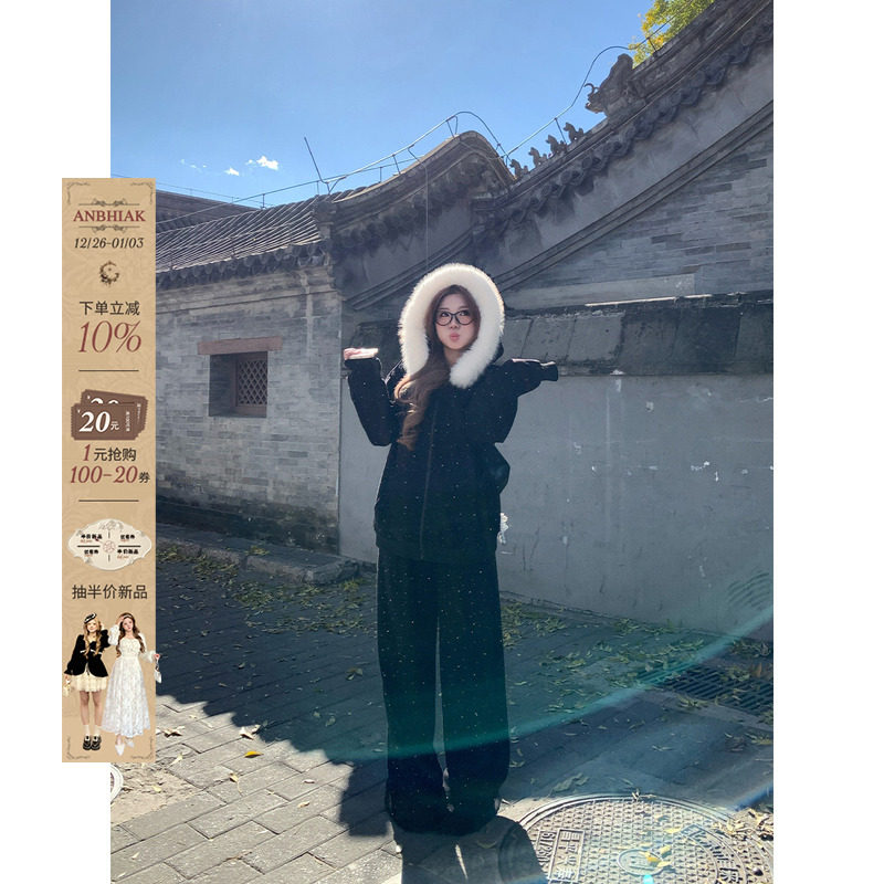 安妮不火 爆闪烫钻毛领加绒卫衣长裤套装女微胖大码保暖两件套装 - 安妮不火