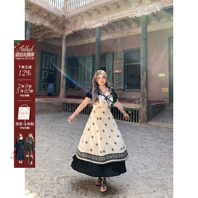 安妮不火 釉泊梳羽波西米亚撞色流苏长裙女微胖大码名族风连衣裙