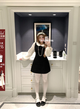 安妮不火 撞色微米短绒拼接呢子连衣裙女微胖大码假两件收腰裙子