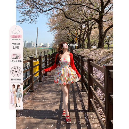 安妮不火 100%棉油画印花高腰花苞连衣裙女微胖大码渡假风两件套