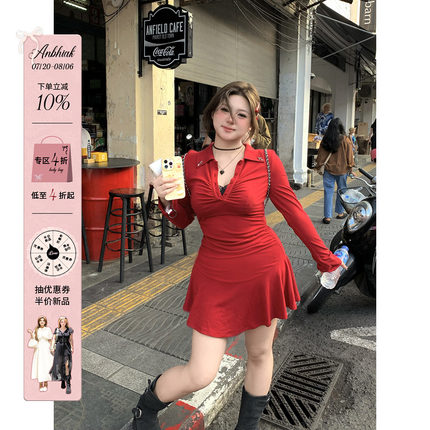 安妮不火哥特风掐腰针织连衣裙女2025春夏新款微胖大码长袖收腰裙