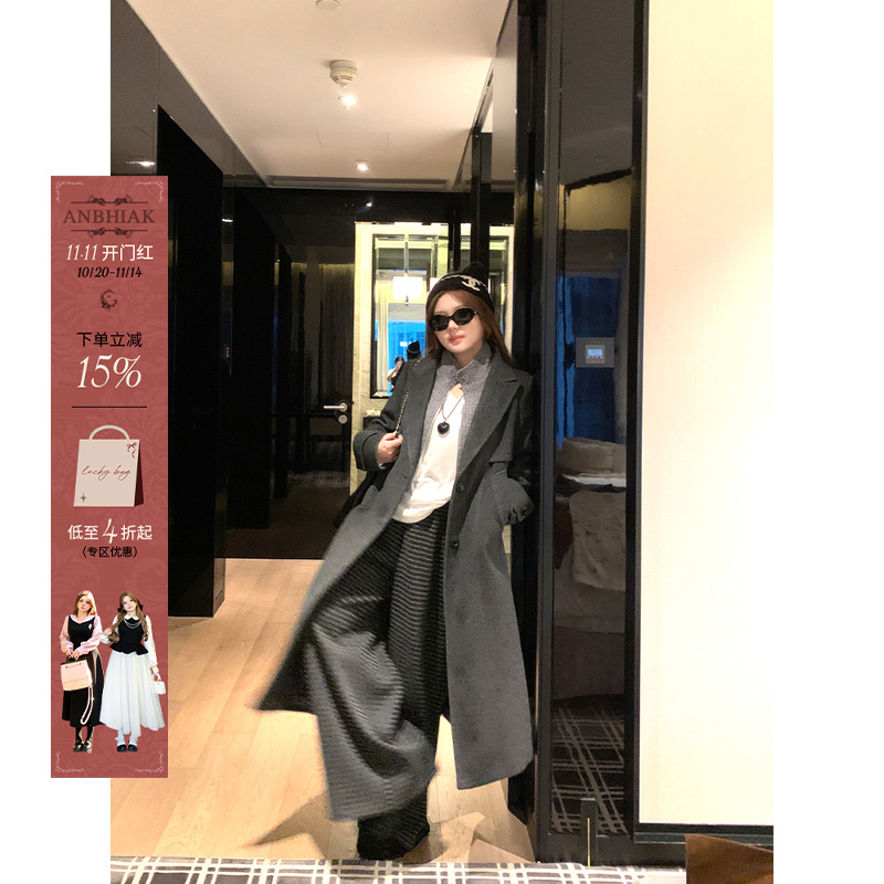 安妮不火 针织拼接撞色假两件呢子大衣女微胖大码中长款毛呢外套