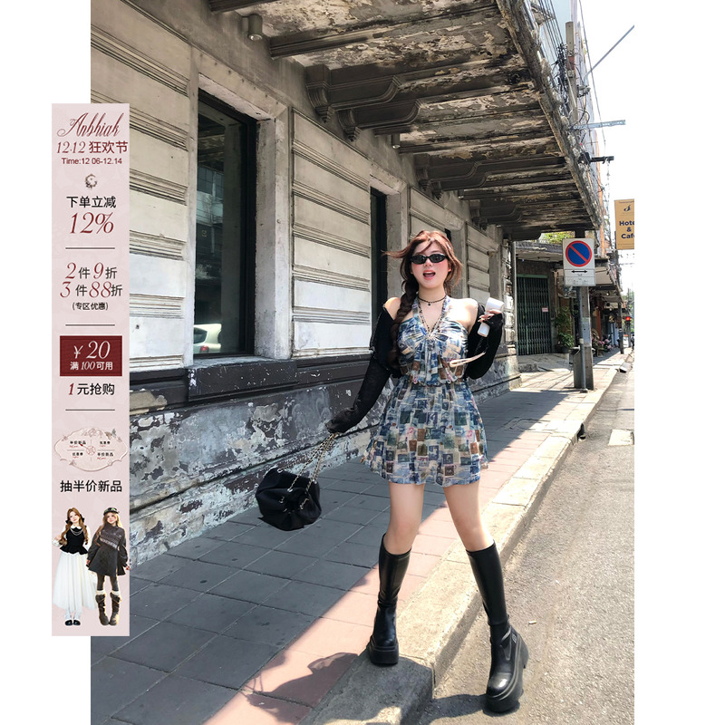 安妮不火千禧代码复古风印花挂脖网纱裙女夏季微胖大码收腰连衣裙